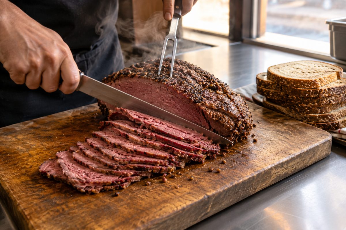 Hands carving steamed pastrami with a knife and fork on a wooden cutting board beside slices of rye bread, lit by a warm window.