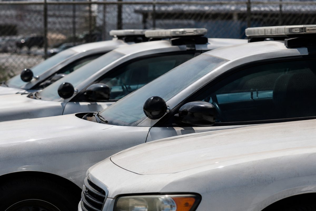 Close-up of the front fenders and roof light bars of white patrol-style sedans parked in a row on asphalt at midday.