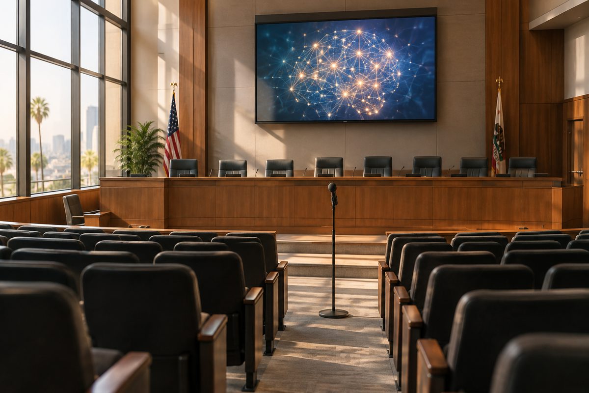 Photo illustration: a school board meeting room seen from the back rows, an empty dais under a screen showing a glowing network pattern, a single public-comment microphone in the aisle