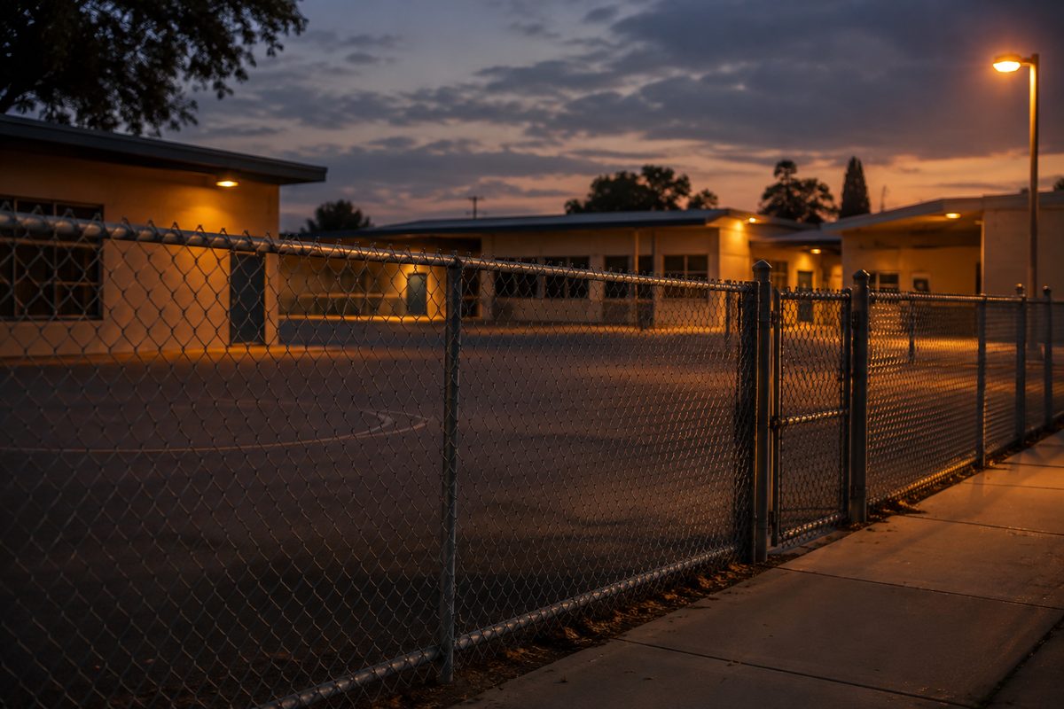 Chain-link fence along an empty elementary school yard at dusk, with a low classroom building behind it.