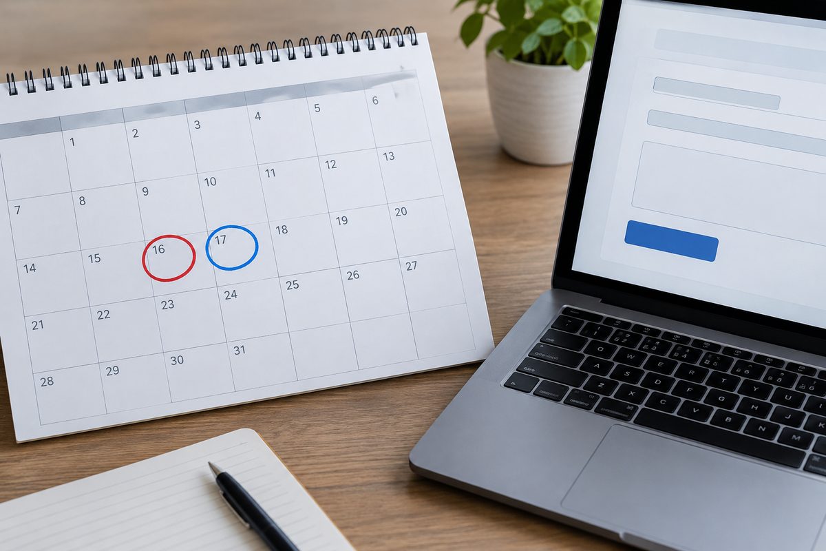 Photo illustration: a wall calendar with two adjacent dates circled in different colors and a laptop beside it showing a blank form, drawn flat and diagrammatic in neutral daylight, no people, no school building, no logos or brand marks, no seasonal decoration