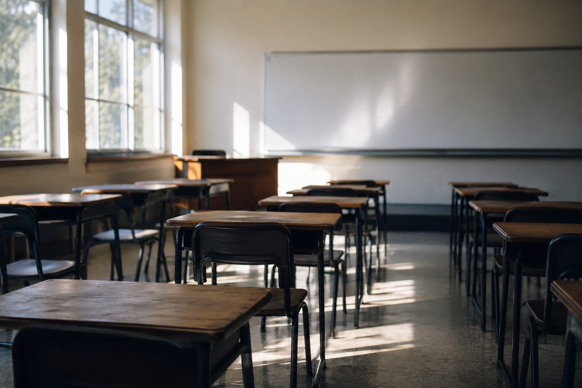 Empty classroom desks arranged in rows in a public school room lit by morning light through tall windows