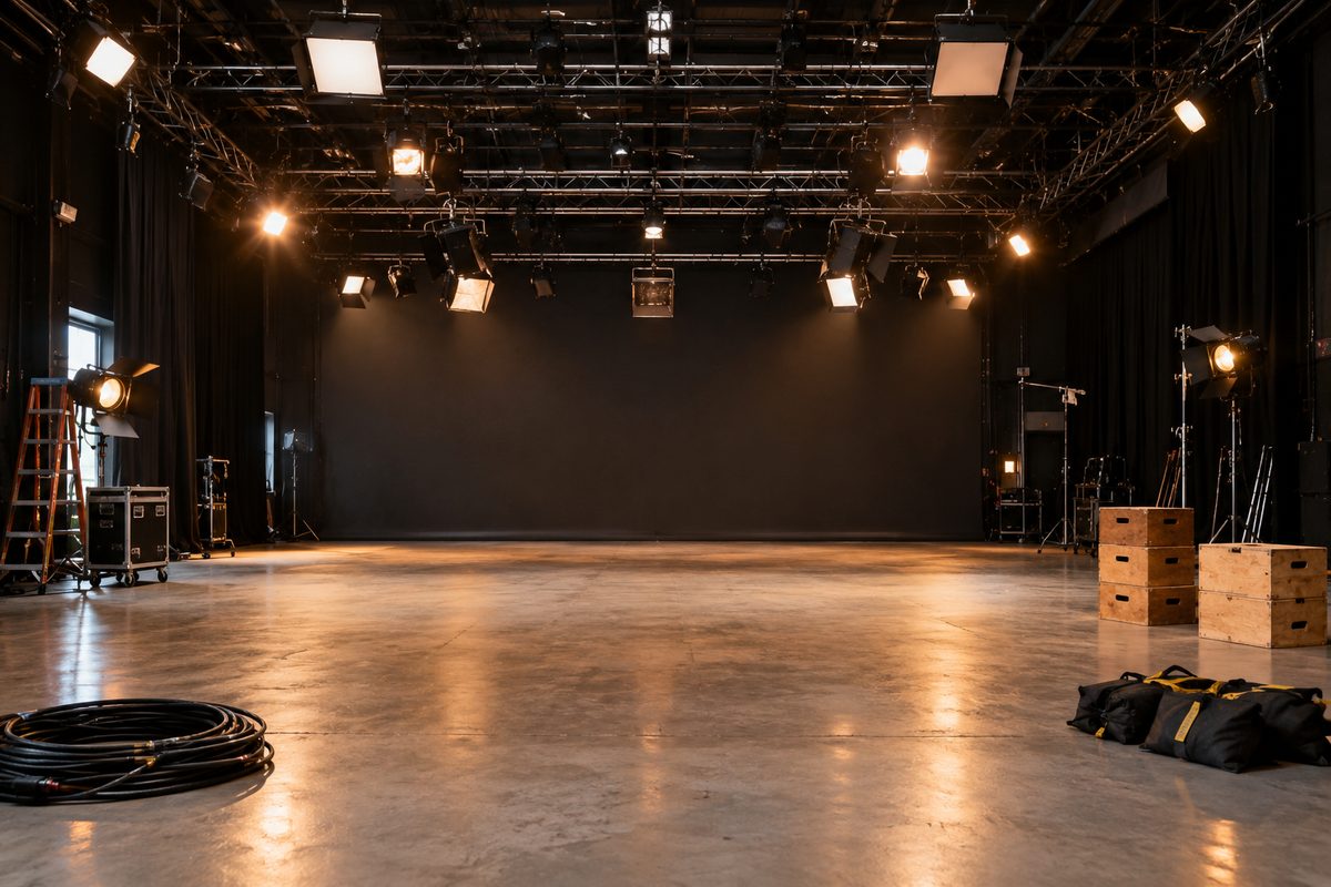 Symmetrical frontal view of an empty soundstage interior, lighting grid overhead, cable coiled on the concrete floor.