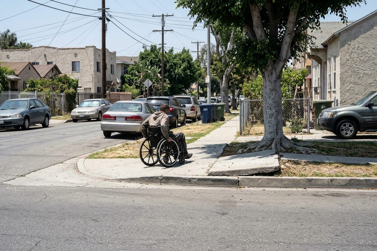 A person in a wheelchair rolls along an L.A. sidewalk slab pushed up by tree roots, an example of the sidewalk repair backlog under the Willits settlement.