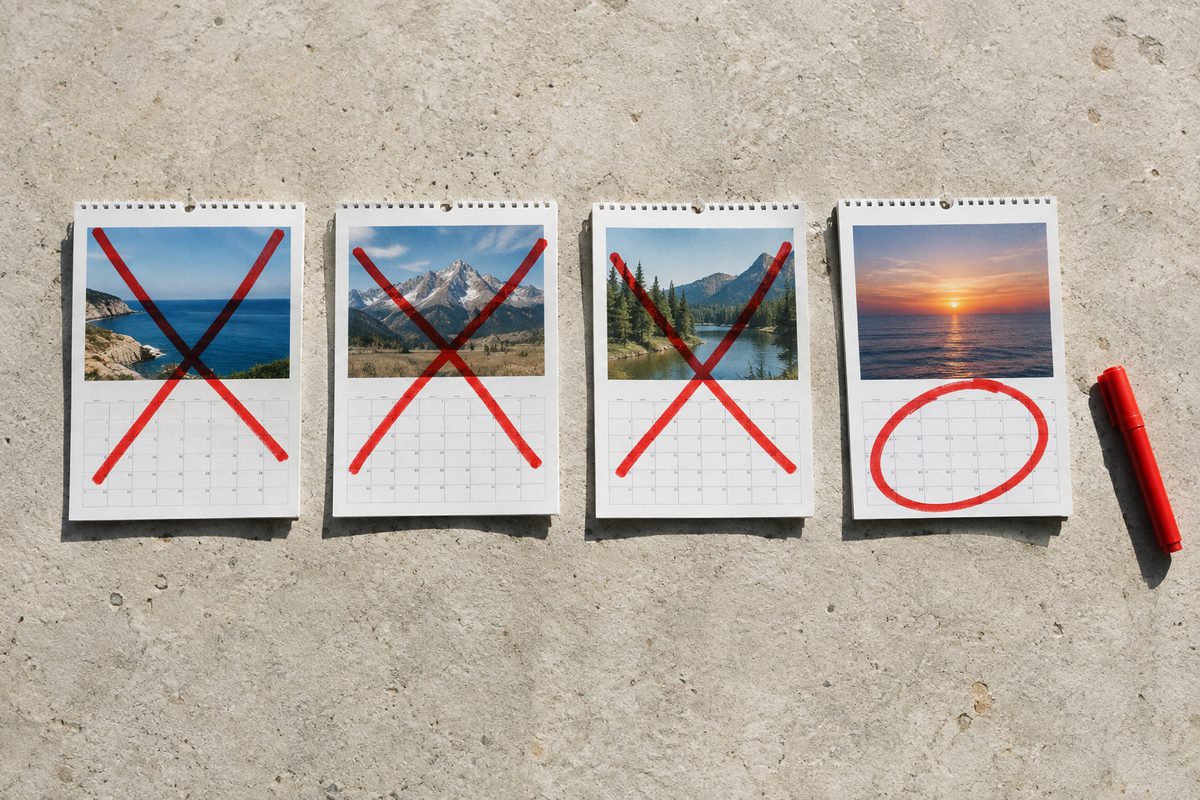 Four tear-off calendar pages lined up on concrete, seen from above, three crossed out in red marker and the last one circled.