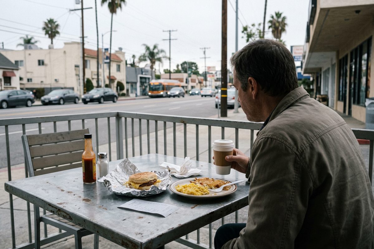 A diner with coffee and a wrapped breakfast sandwich at a small restaurant's sidewalk patio on Sunset Boulevard in West Hollywood on a gray morning