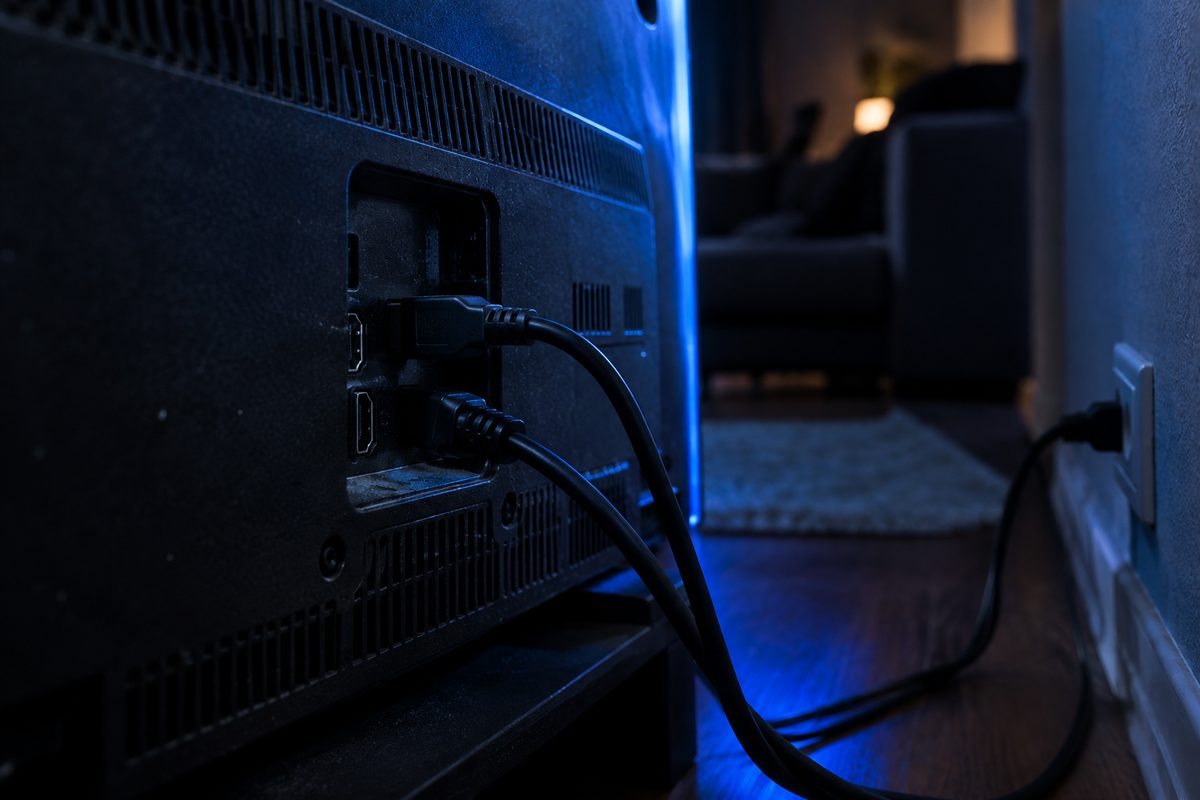 Close macro of the rear panel of an anonymous flat-panel television, HDMI and power cables running down a wall in a darkened room.