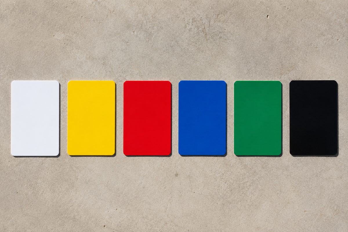 Photo illustration: a graphic overhead lineup of six blank rectangular plastic cards laid in one straight row on a plain table, each a different flat colour, no text, no logos, no lettering, no hands, hard noon light