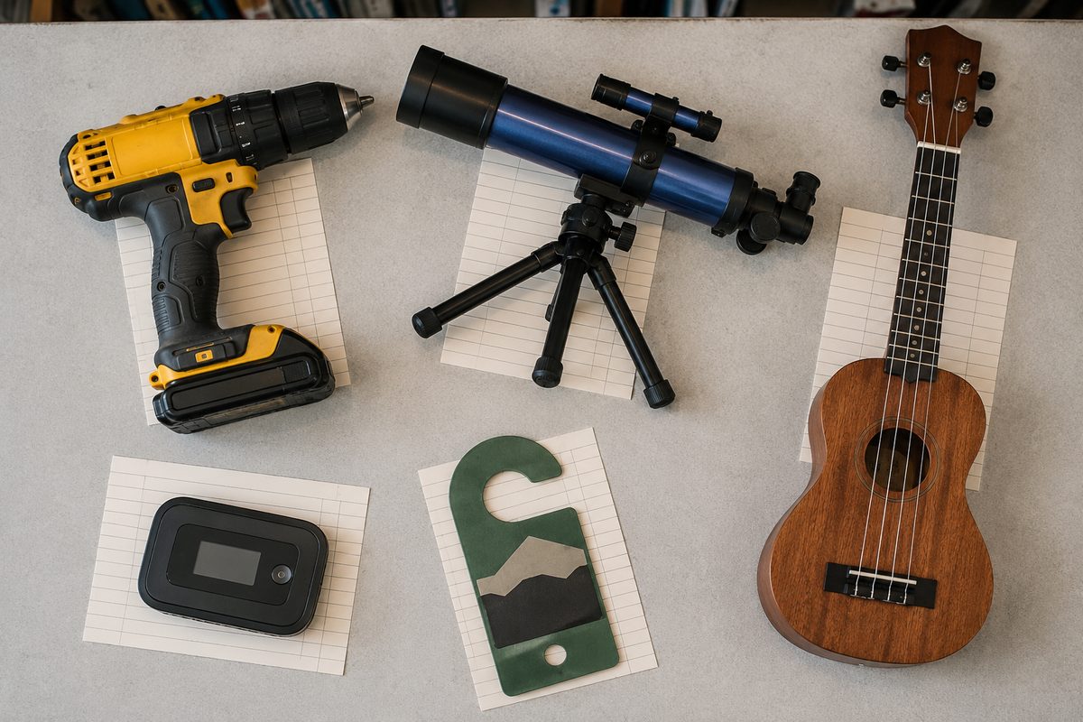Photo illustration: stylized flat editorial vector, overhead flat-lay on a plain library counter of a cordless drill, a small telescope, a ukulele, a Wi-Fi hotspot and a folded parks-pass hangtag, each resting on a paper date-due slip; neutral daylight, no people, no logos, no brand marks, no readable text.