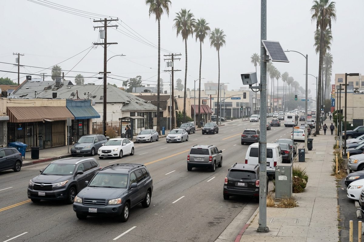 A license plate reader camera mounted on a pole over a Los Angeles street as cars pass on an overcast morning.