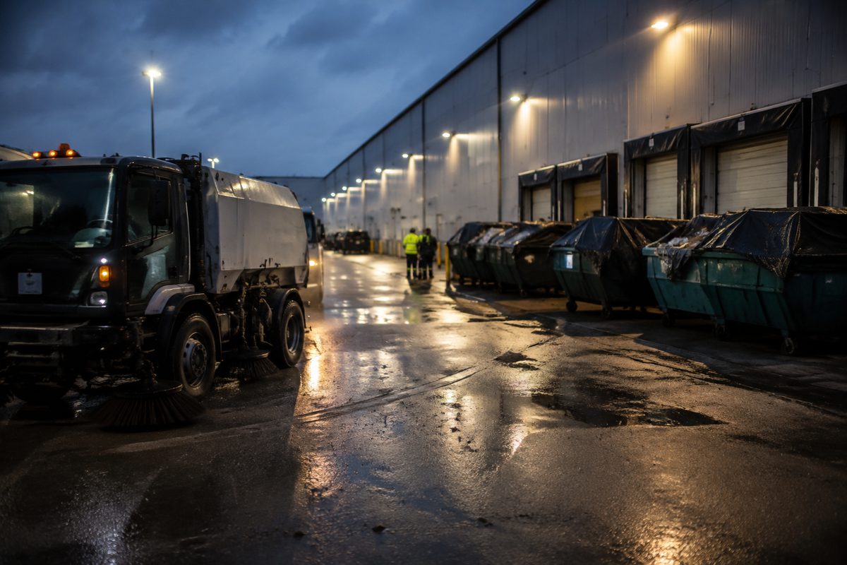 Photo illustration: the loading dock of a cold-storage warehouse at dusk - tarped roll-off dumpsters in a row, a street sweeper on wet pavement, workers in high-vis in the distance, no identifiable building, no signage, no recognisable people