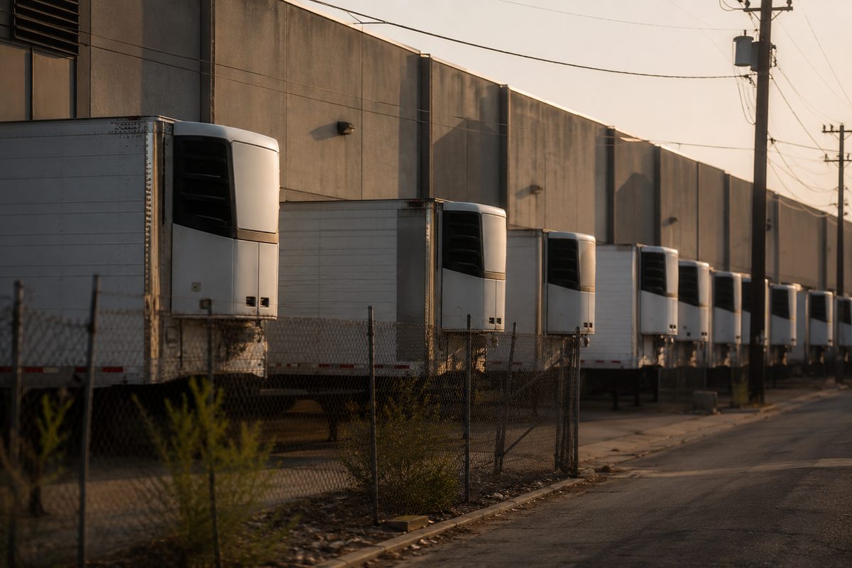 Refrigerated trailers parked along an industrial street beside a large windowless warehouse in a Los Angeles neighborhood