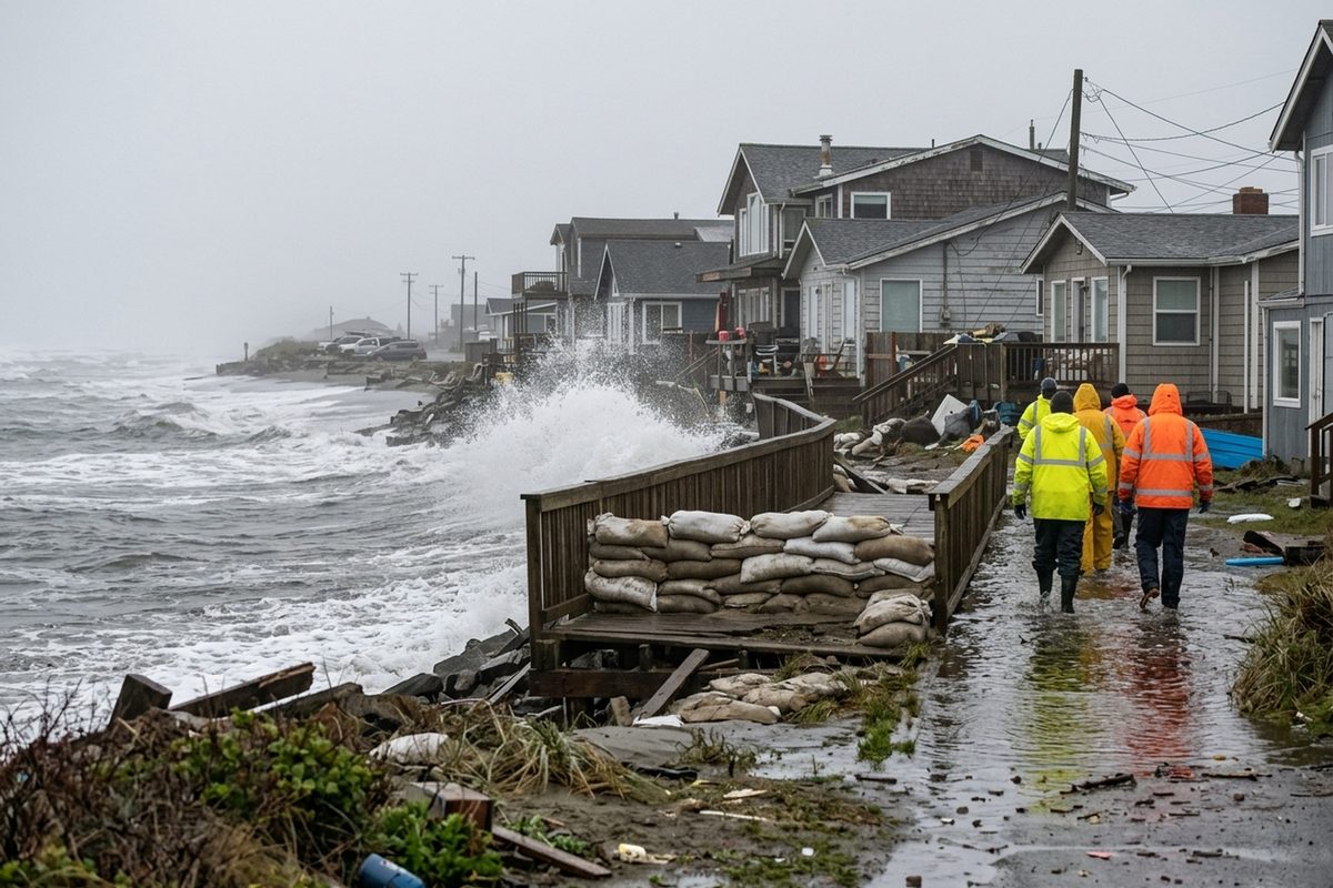 Storm waves crash over a damaged wooden bulkhead lined with sandbags in front of oceanfront homes on the Long Beach Peninsula under a gray sky.