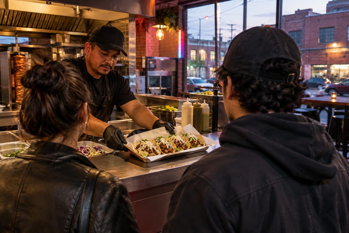Customers at the counter of a small taco shop in the Arts District of Los Angeles in the evening, a cook's hands plating tacos under warm light.