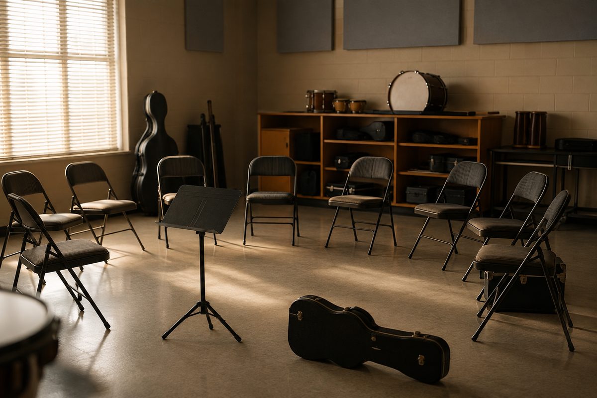 An empty elementary school music room with instrument cases and folding chairs arranged in rows