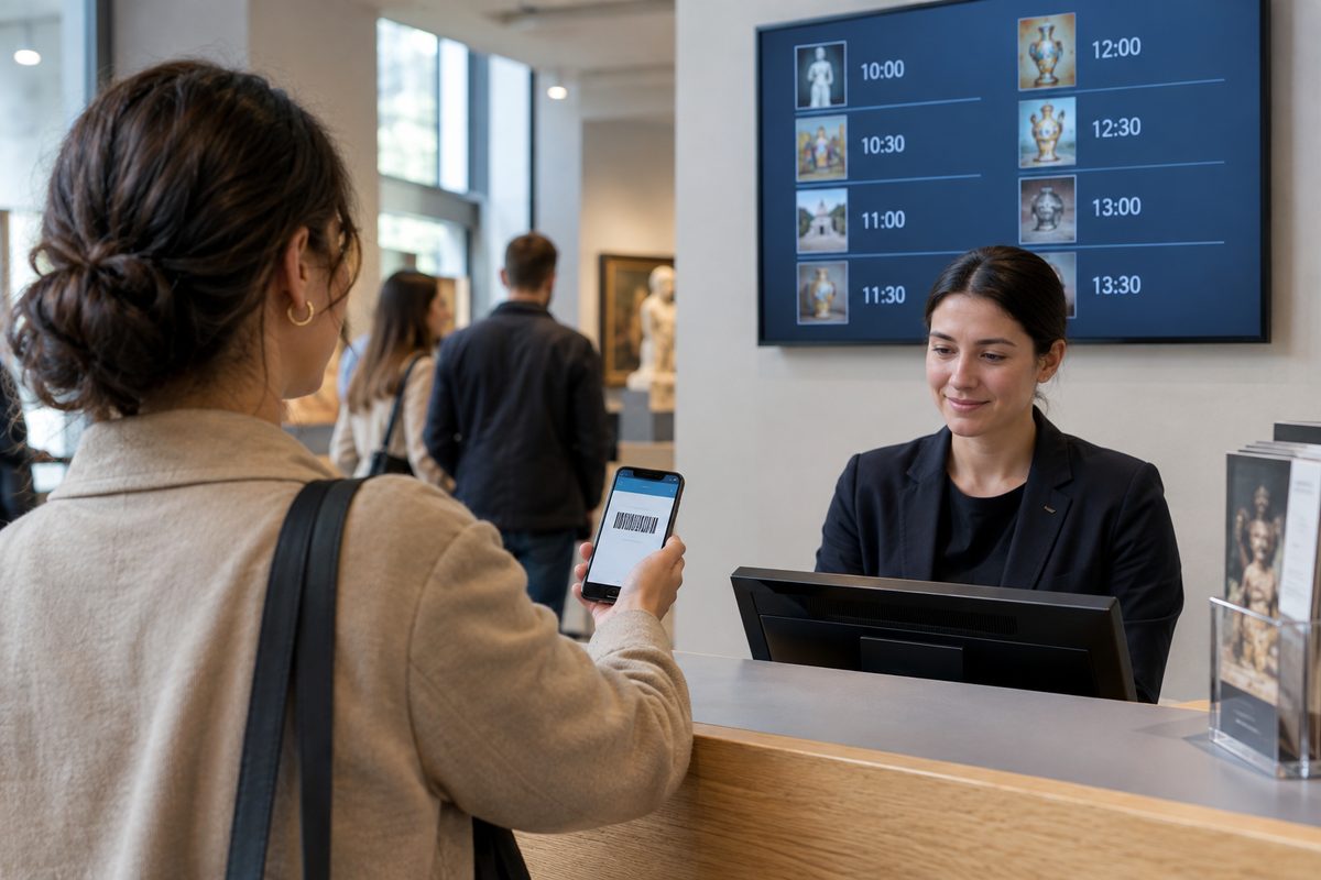 Photo illustration: a museum admission counter in neutral daylight, a wall-mounted screen listing half-hour entry times, a phone held up showing a ticket barcode, no signage, logos or recognisable faces