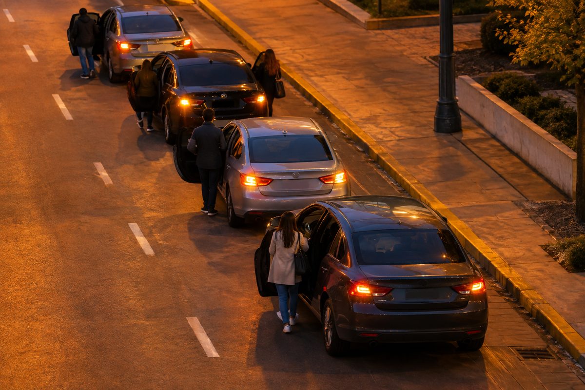 Overhead view at dusk of unmarked cars lined up in a curbside pickup lane under orange streetlights.