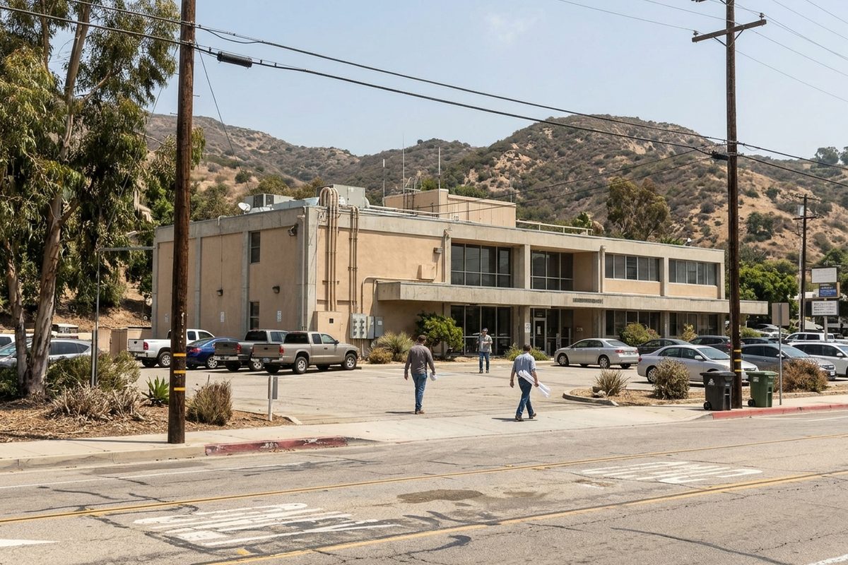 The low front of Malibu City Hall on Stuart Ranch Road at midday, with a few people walking toward the entrance