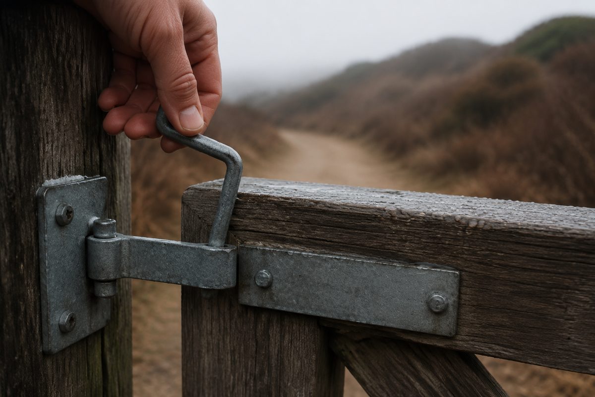 A hand lifts the metal latch on a weathered wooden trail gate on an overcast coastal morning.