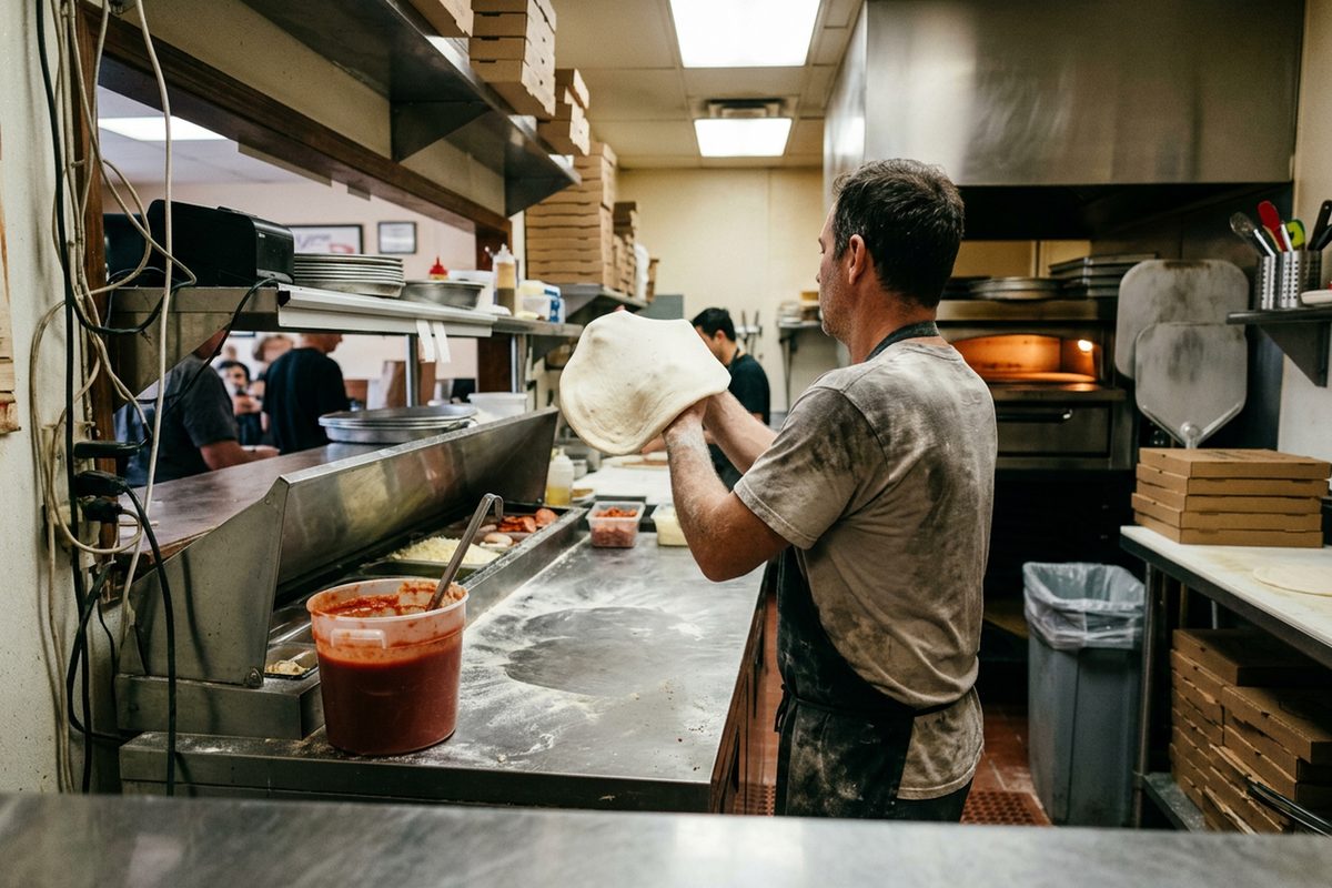 A cook's hands stretching a round of sourdough pizza dough on a floured counter at a small pizzeria, an oven glowing behind.