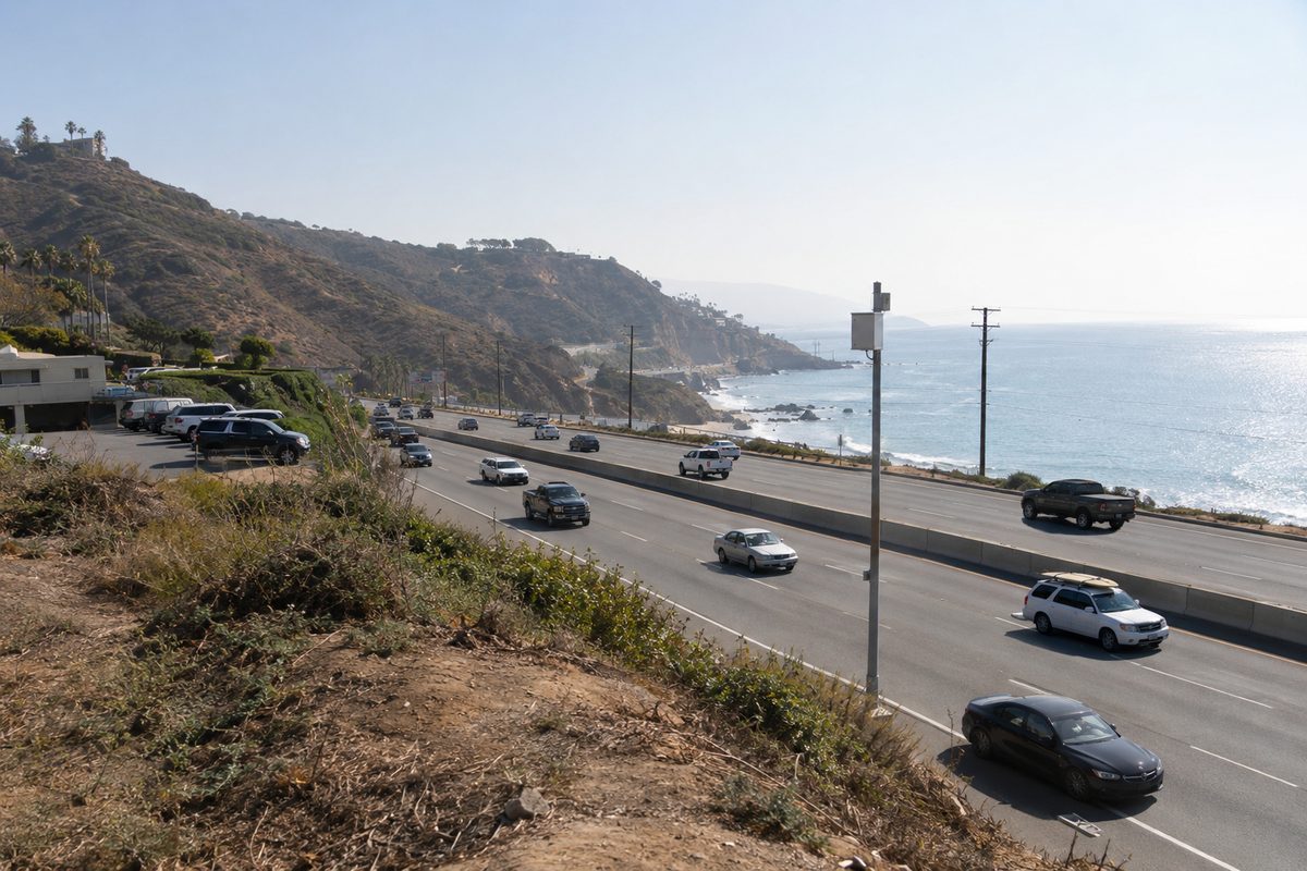 Cars and trucks moving along Pacific Coast Highway in eastern Malibu at midday, with the ocean on one side and canyon hillsides on the other.