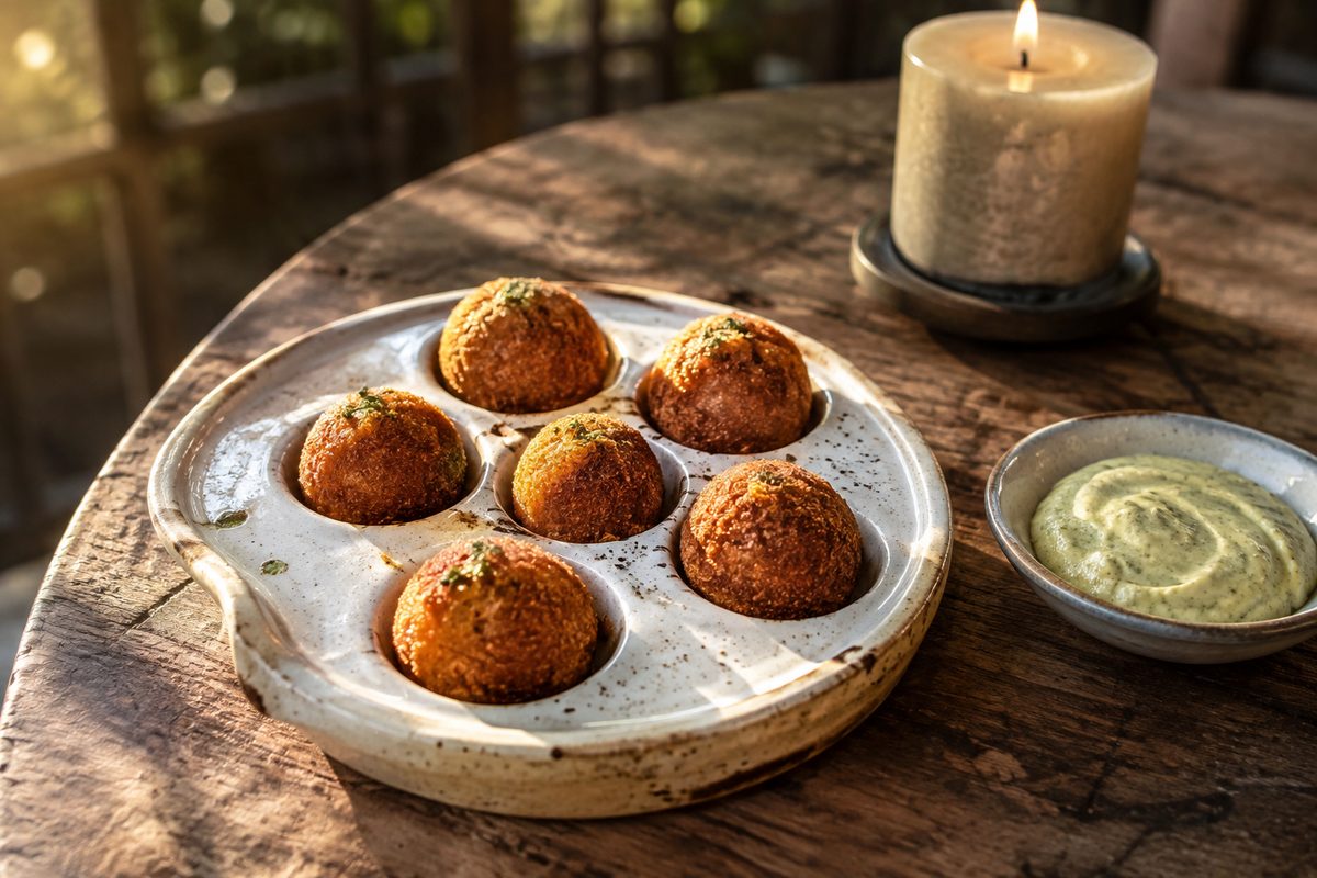 A dimpled ceramic escargot plate holding golden fried spheres, beside a small bowl of pale green sauce on a candlelit wooden table.