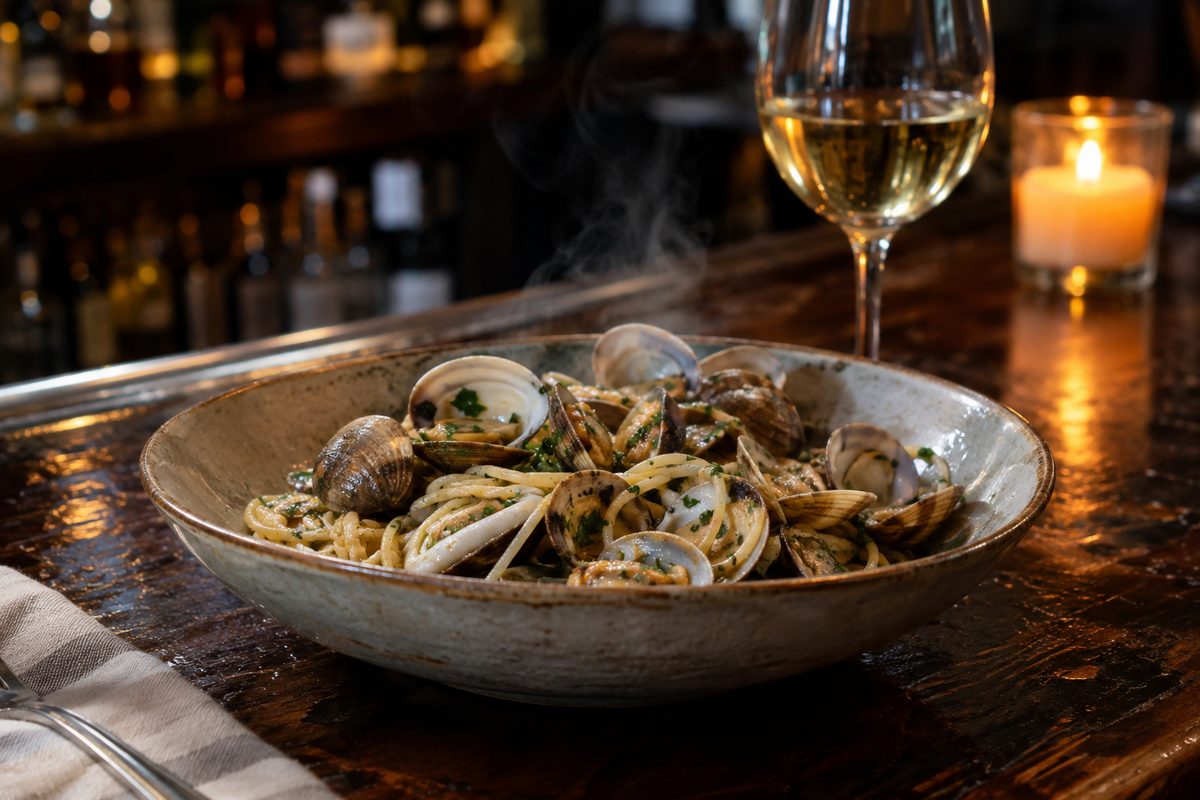 Close macro of steam rising off a bowl of clams and pasta on a dark bar counter, a candle burning out of focus behind it.