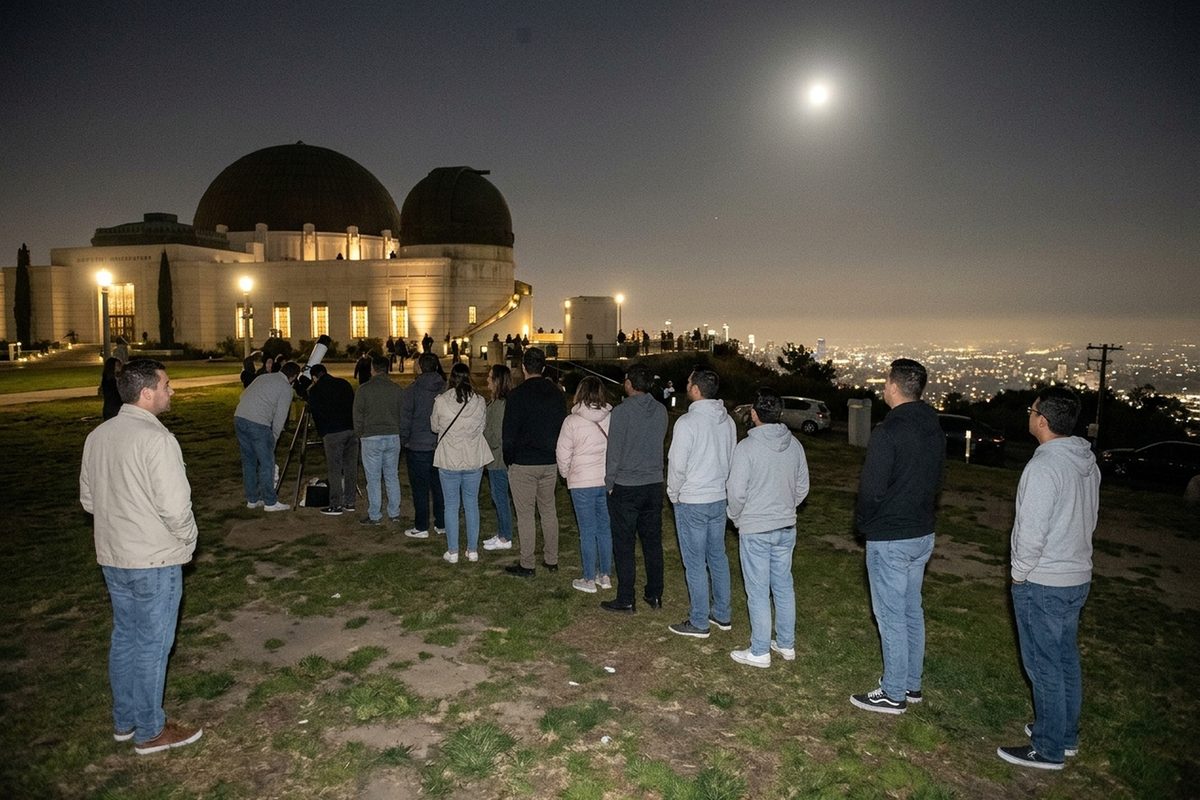 Visitors in silhouette line up at telescopes on the Griffith Observatory lawn under a bright moon, a nod to Apollo software pioneer Margaret Hamilton.