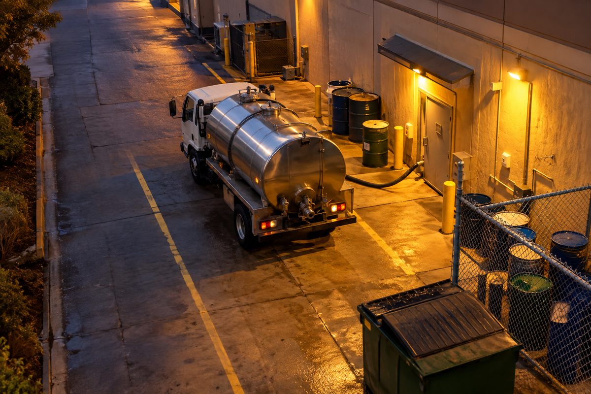 Overhead view at dusk of a hotel service bay: a small tank truck, steel drums, painted lane stripes and chain-link fencing under orange light.