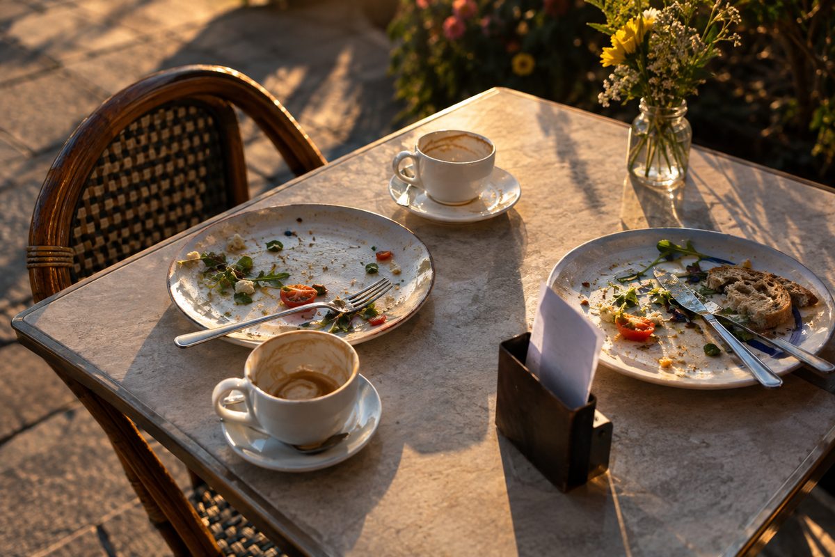 Overhead view of a cleared two-top patio table at golden hour, with used brunch plates, coffee cups and a folded check.