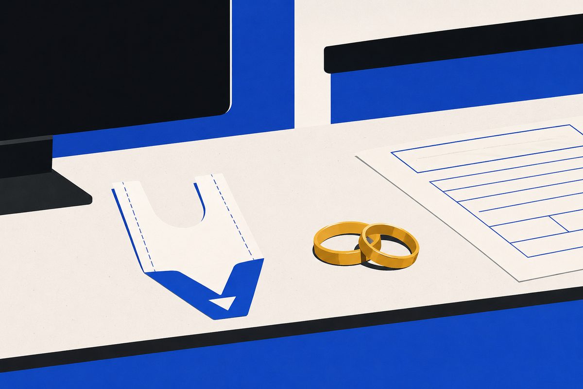 Illustration: a paper take-a-number ticket tab lying on a plain county service counter beside two simple gold wedding bands and a blank form, warm flat editorial illustration, no people, no faces, no real building or agency names, no signage