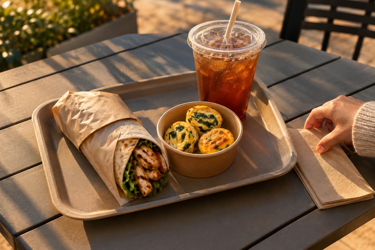 A grilled chicken wrap in paper and a small bowl of eggs on a tray at a sunlit outdoor table
