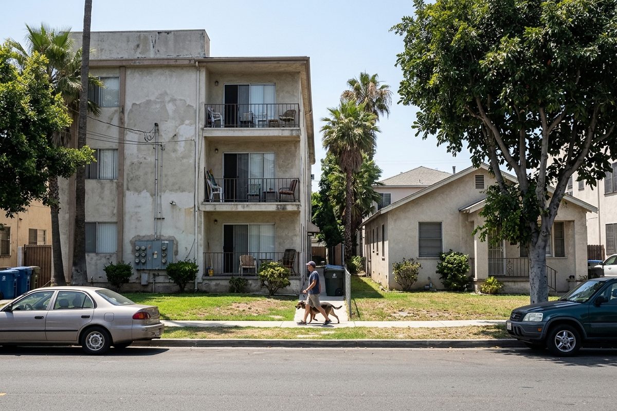 A stucco condo building next to a small single-family house at midday, the kind of parcels the Measure ES school parcel tax would cover.