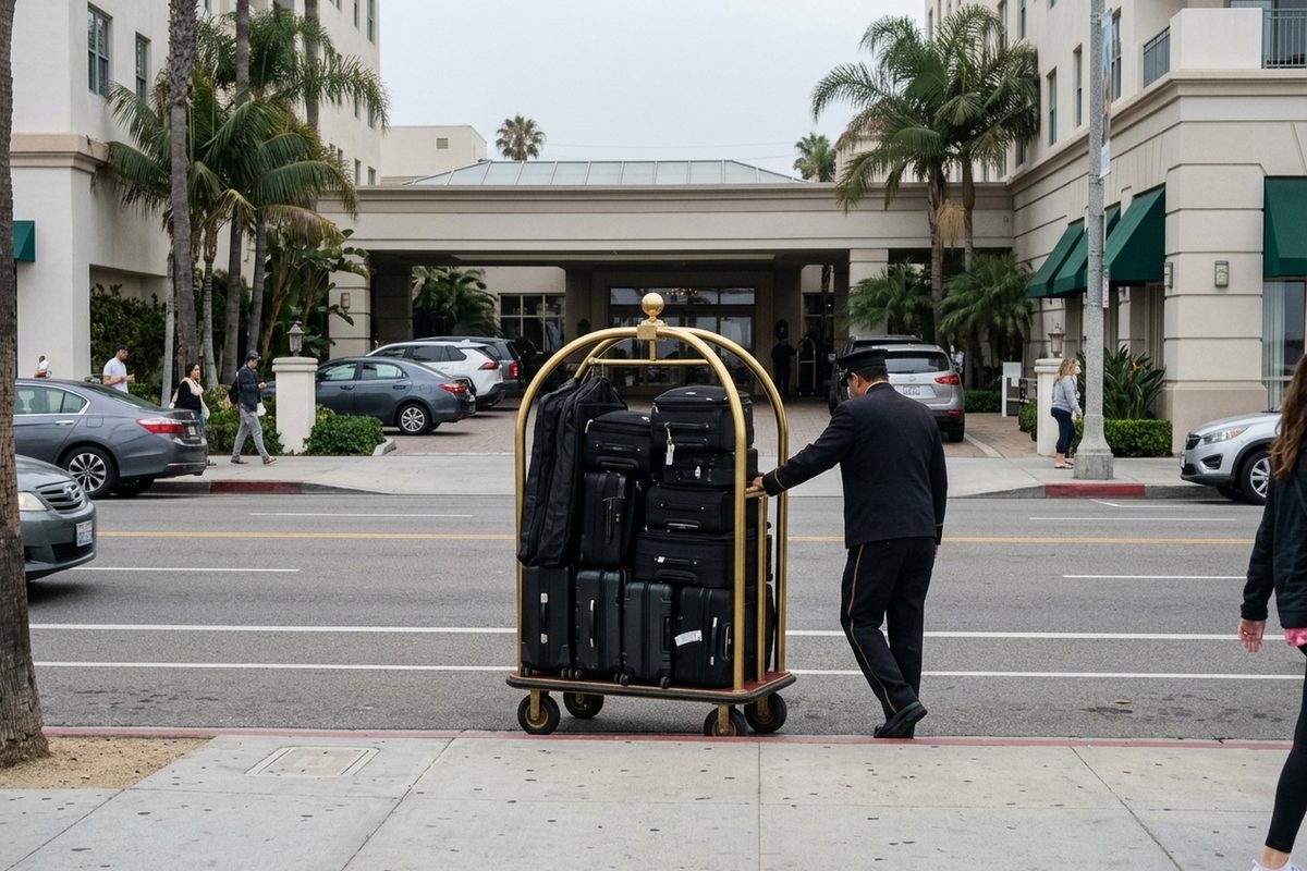 A brass luggage cart stacked with matching black suitcases waits at a hotel entrance on a gray morning.