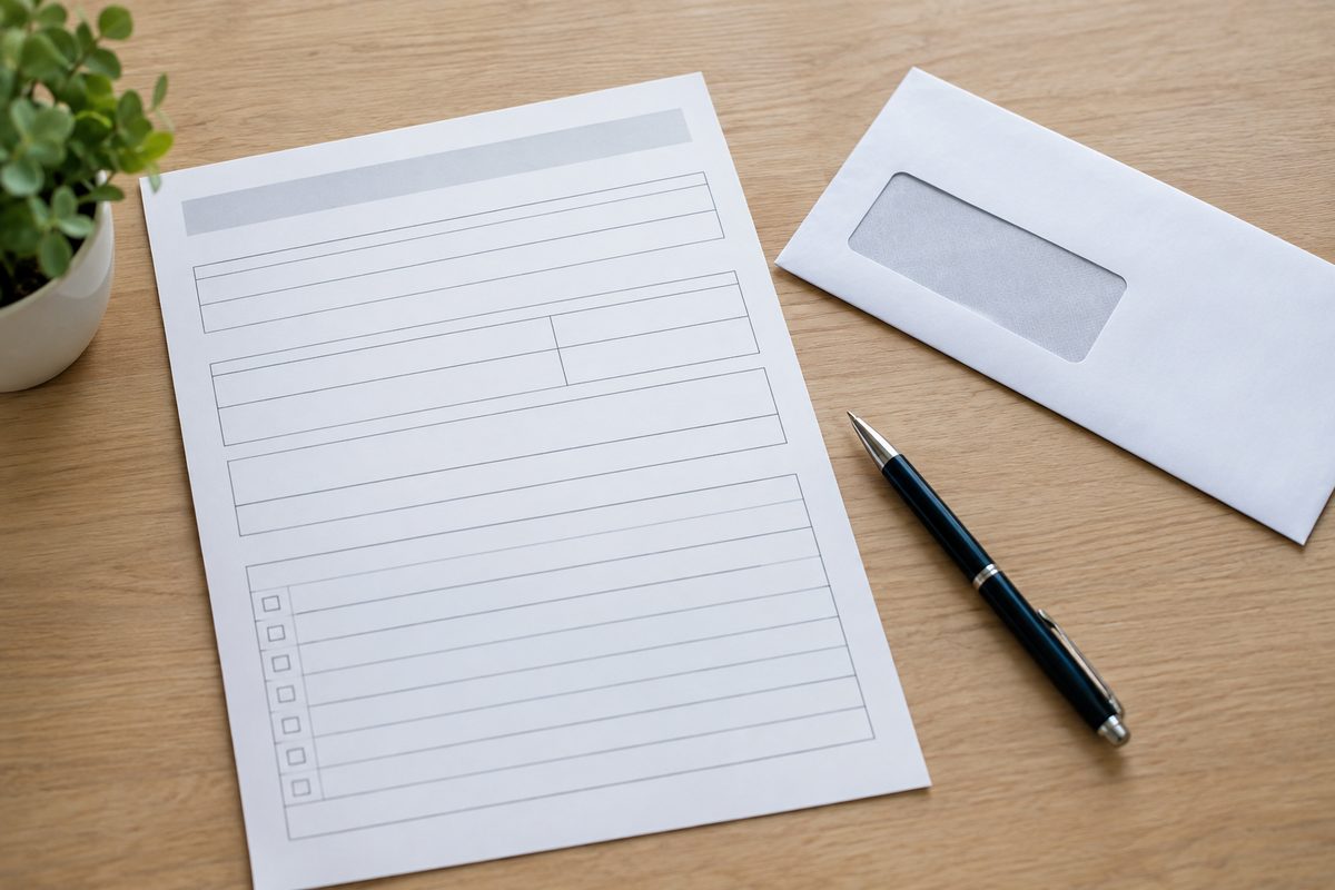 Photo illustration: an overhead flat-lay of a blank government benefits renewal form, a pen and an unopened window envelope on a plain desk in neutral daylight, no agency logos, no text legible, no faces