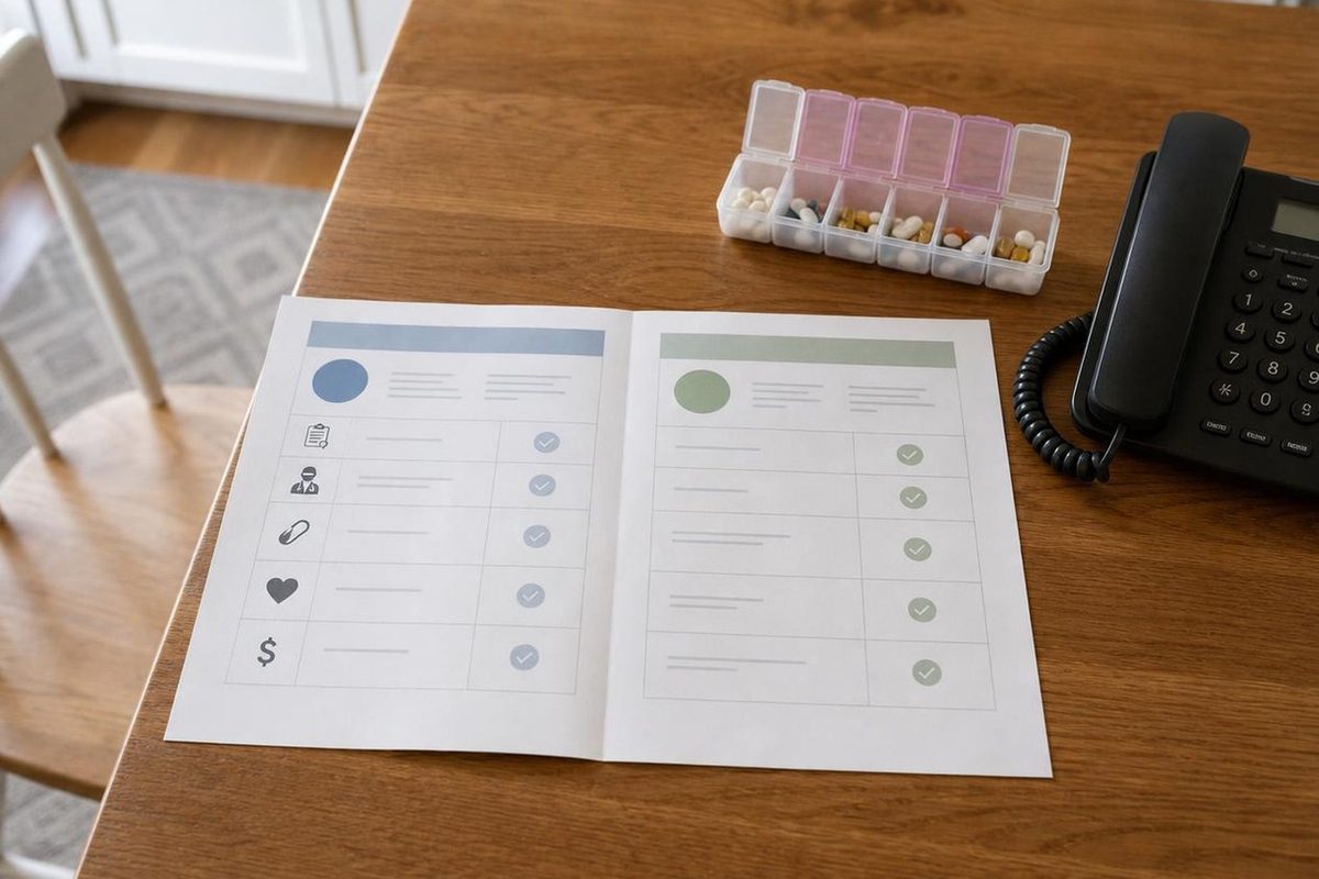 Photo illustration: a flat editorial illustration in the brand palette of an open plan-comparison worksheet on a kitchen table beside a weekly pill organizer and a desk telephone, overhead view, no legible text, no logos, no people