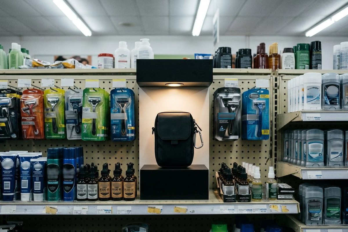 Photo illustration: The men's grooming aisle of an ordinary drugstore in Venice, Los Angeles, seen straight on at shelf height from the middle of the aisle. On one shelf, a sleek matte-black tactical pouch with a magnetic flap and a chrome carabiner clipped to it sits alone on a small black display pedestal, lit from above by the store's own small warm display spotlight, while the rest of the aisle is under flat cool overhead fluorescent tubes. On either side of the pedestal, ordinary shelf stock in plain packaging: disposable razors, small bottles of beard oil, sticks of deodorant, all equally in focus. The pouch is set out with the gravity of a luxury watch in a jewelry case, very serious and very masculine. The aisle is empty, and no readable text, labels, prices or logos appear anywhere in the picture.