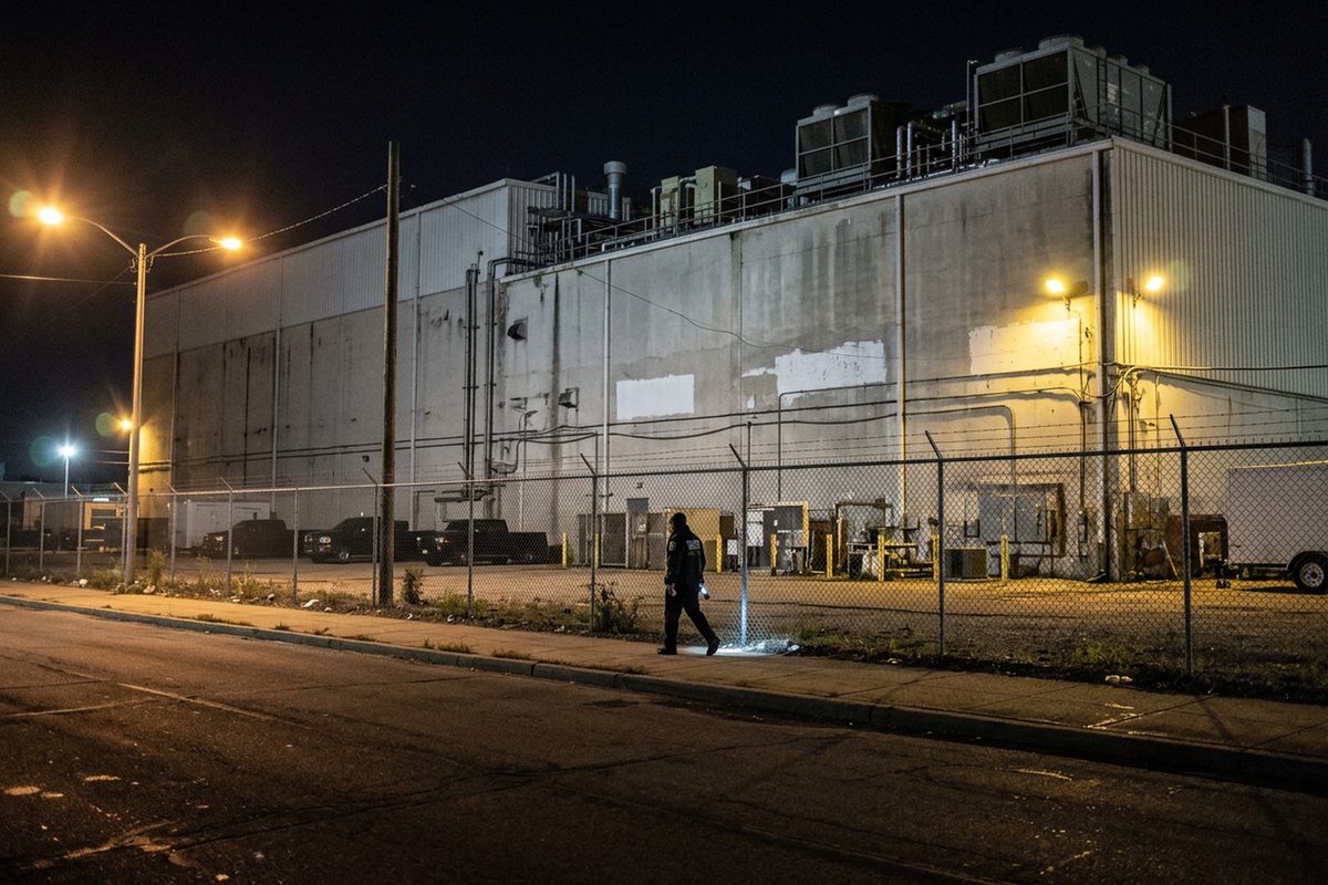 A windowless data center building seen at night through a chain-link fence, rooftop cooling units lit by streetlights, a security guard walking the perimeter.