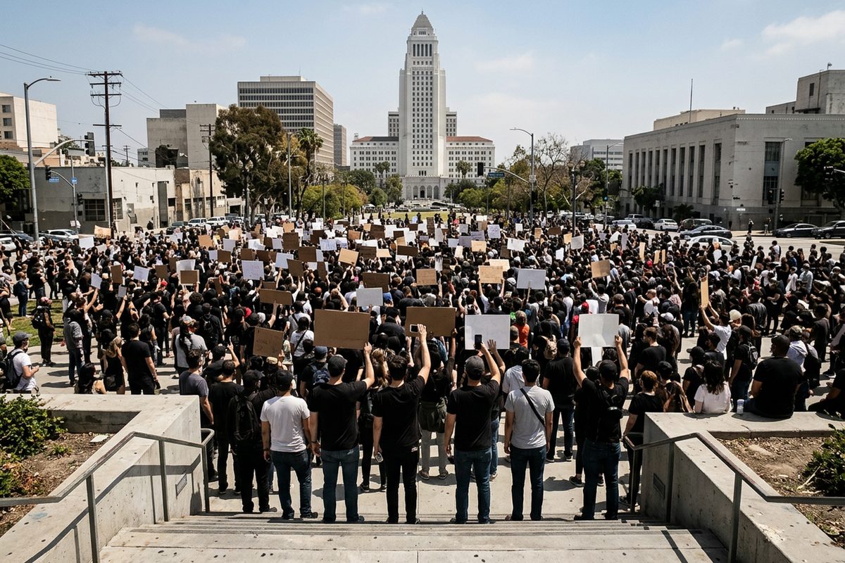 Photo illustration of No Kings protesters with unreadable handmade signs gathered in Grand Park facing Los Angeles City Hall.