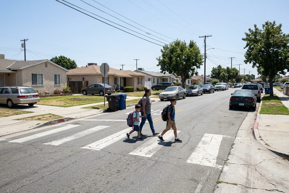 Parents and children cross a striped residential crosswalk in Torrance at midday, with low houses and parked cars behind them.