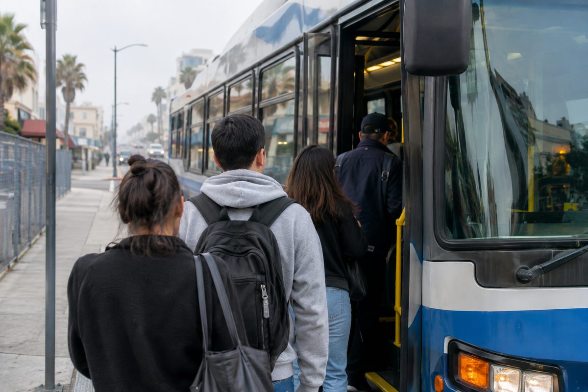 A city bus at a curbside stop on a gray morning, riders boarding from behind.