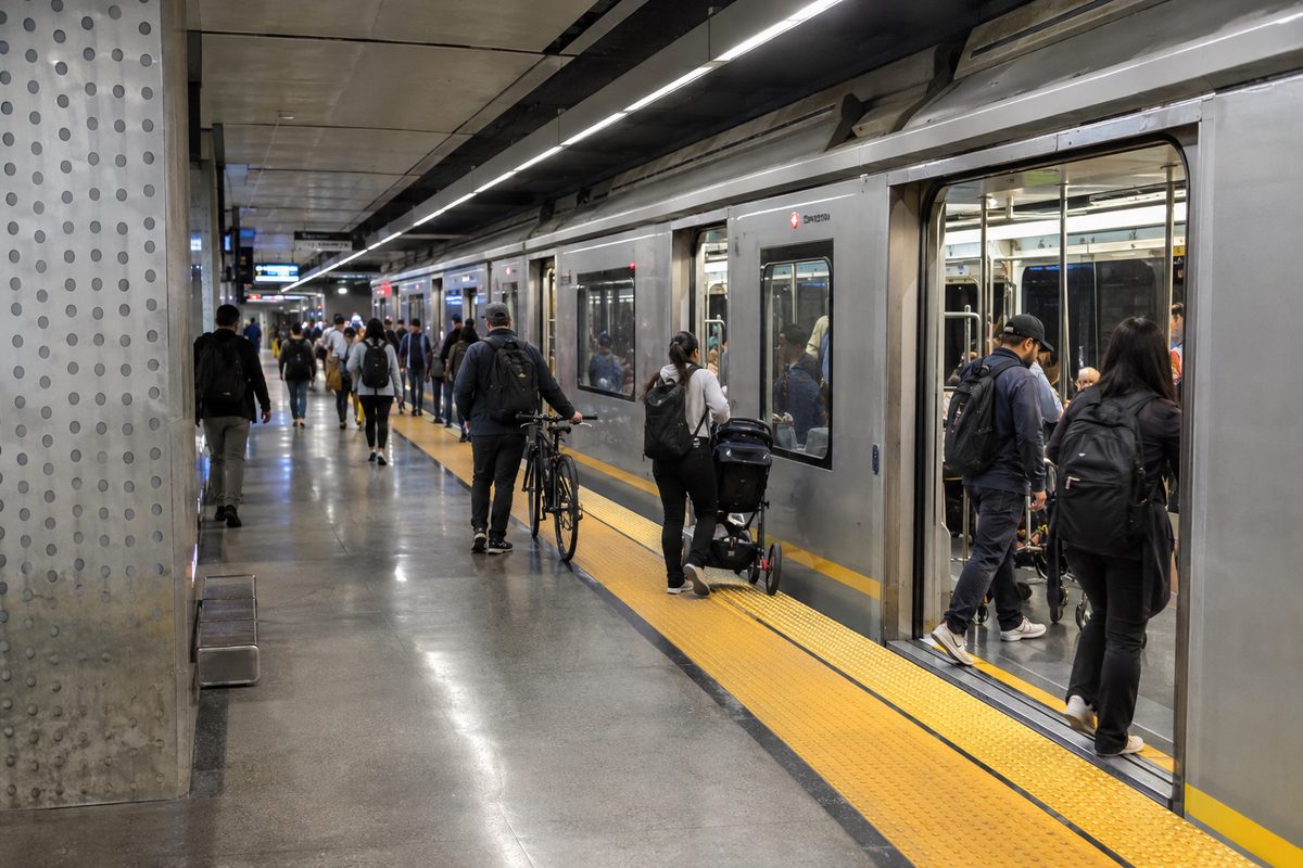 Commuters step onto a subway train at an underground platform.