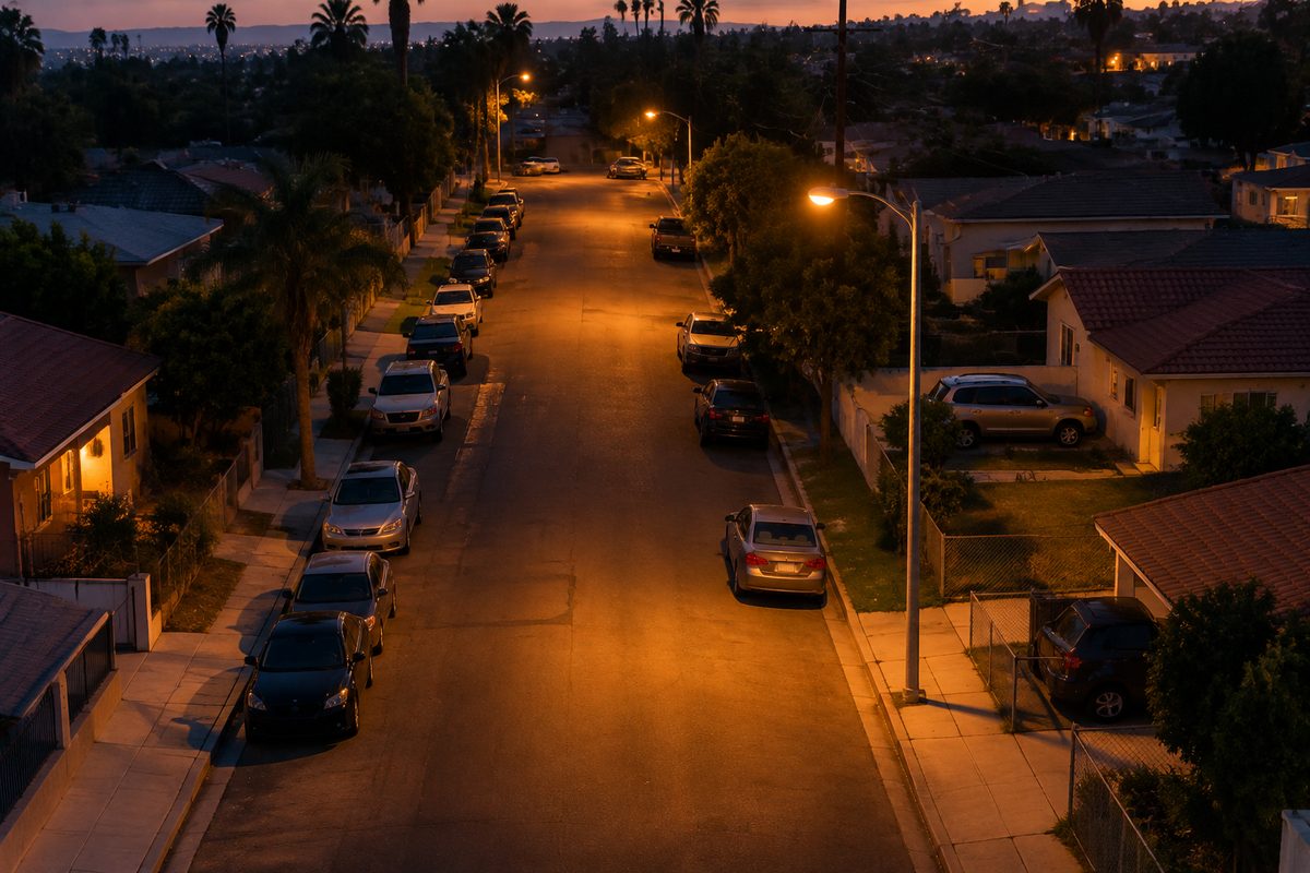 Overhead view of cars parked along a residential street at dusk, illustrating Metro's One Car Challenge pilot paying L.A. County households to drive less.