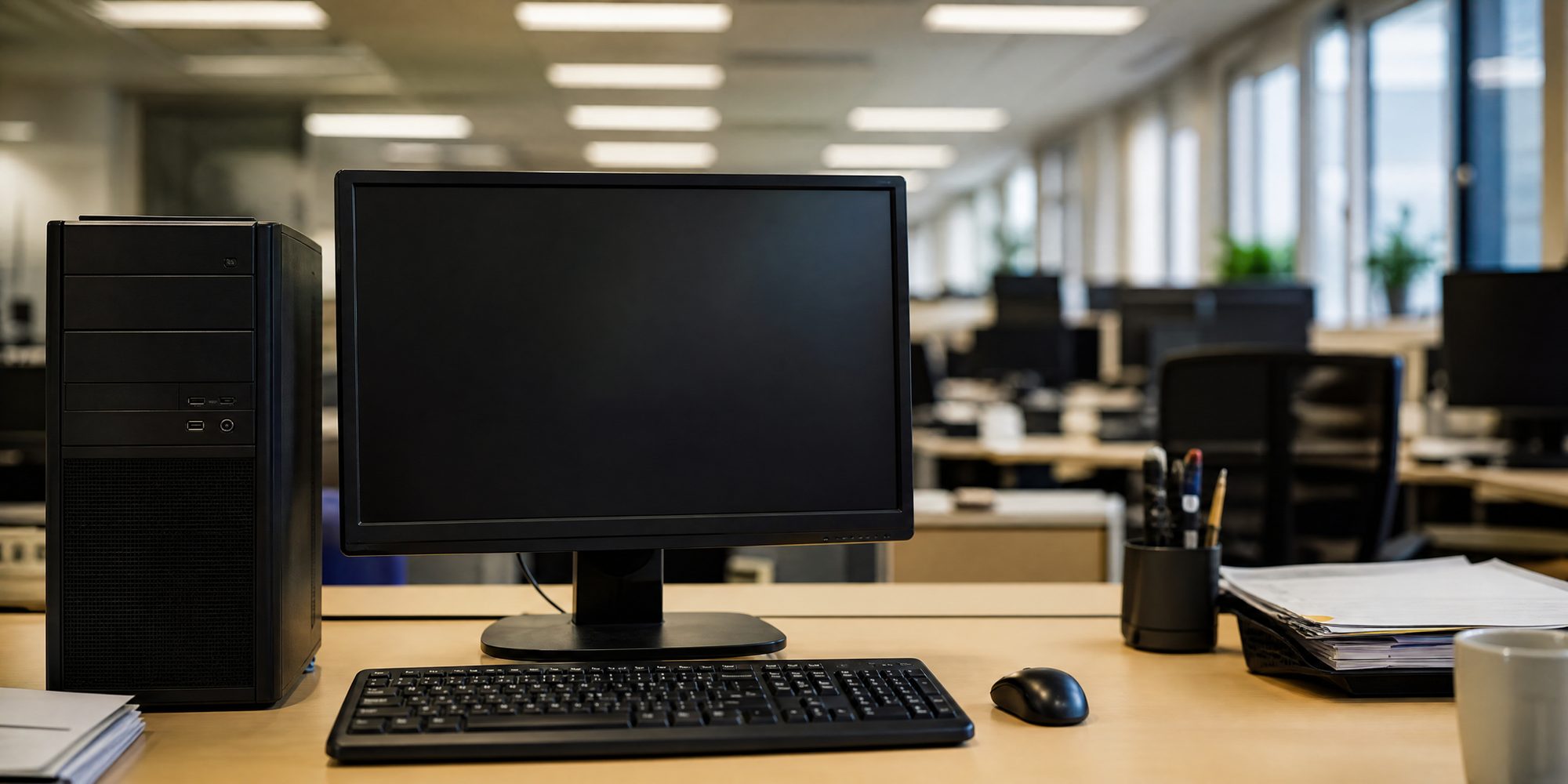 Front view of an unbranded desktop computer tower and keyboard on a desk in a fluorescent-lit office, screen unreadable.
