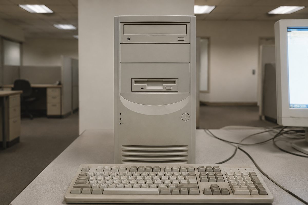 Front view of an unbranded desktop computer tower and keyboard on a desk in a fluorescent-lit office, screen unreadable.