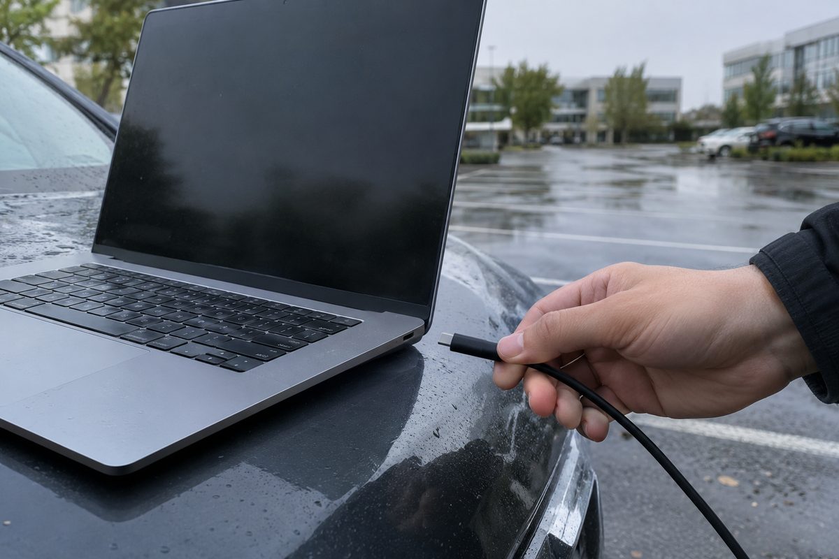 A hand brings a USB-C charging cable toward the side port of an unbranded silver laptop open on a car hood under a gray dawn sky in a Los Angeles parking lot.