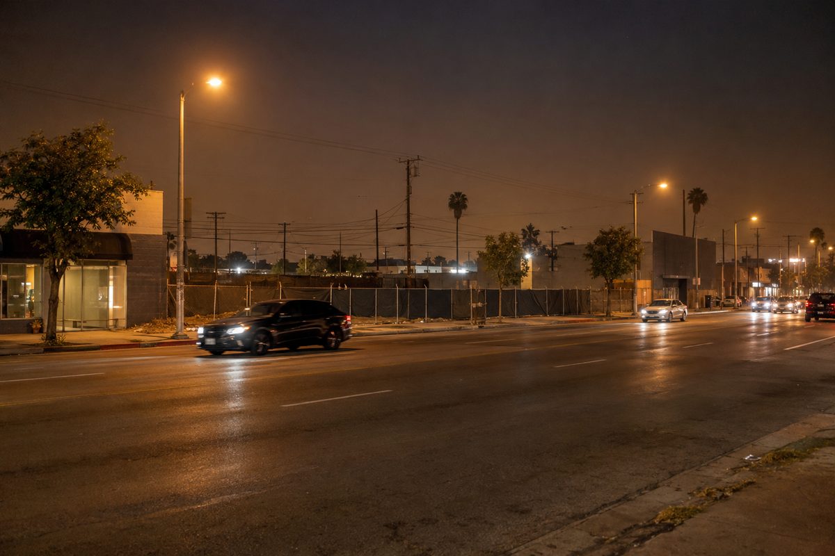 A construction fence along Crenshaw Boulevard in Mid-Wilshire at night under orange streetlights, with cars passing.