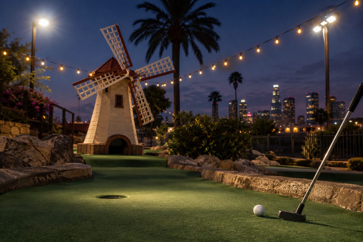 Photo illustration: a miniature golf course at night under string lights, a windmill hole and a lit putting green, a palm silhouette behind