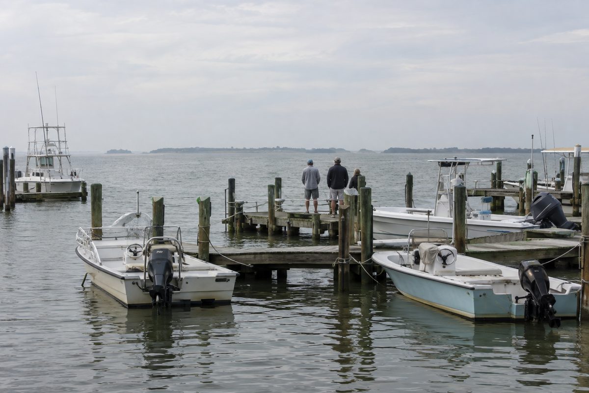 Small fishing and pleasure boats tied up in a harbor on the Mississippi Gulf Coast on a hazy morning, with flat water stretching toward the horizon.