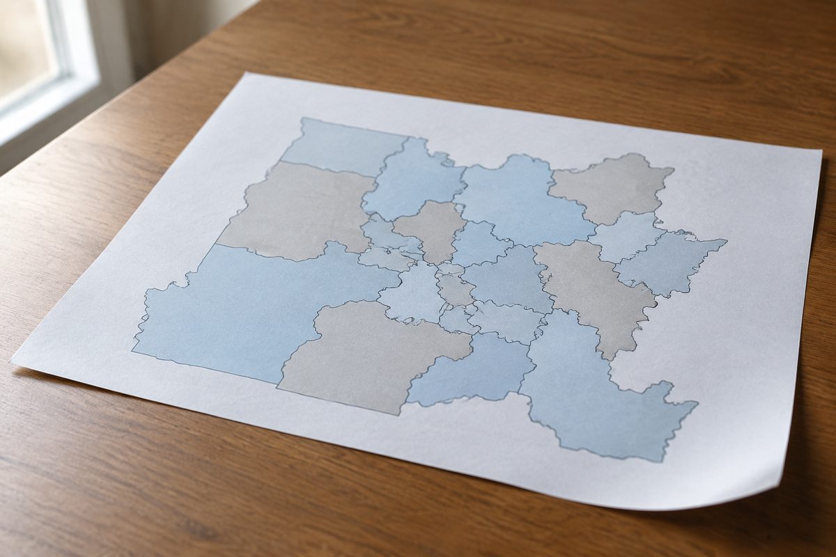 Photorealistic illustration of an unlabeled congressional district map printed on paper, lying on a plain desk under daylight.